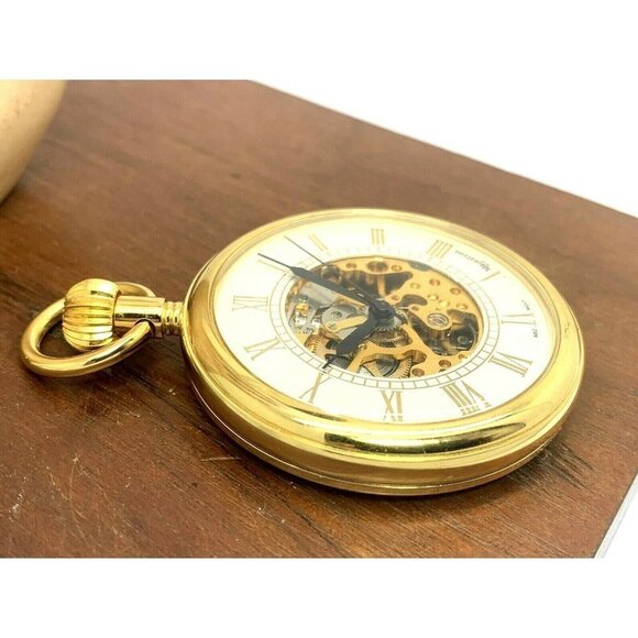 Majestrom Pocket Watch Gold Tone Case Silver Dial Roman Numerals 51mm Op… - Picture 8 of 11